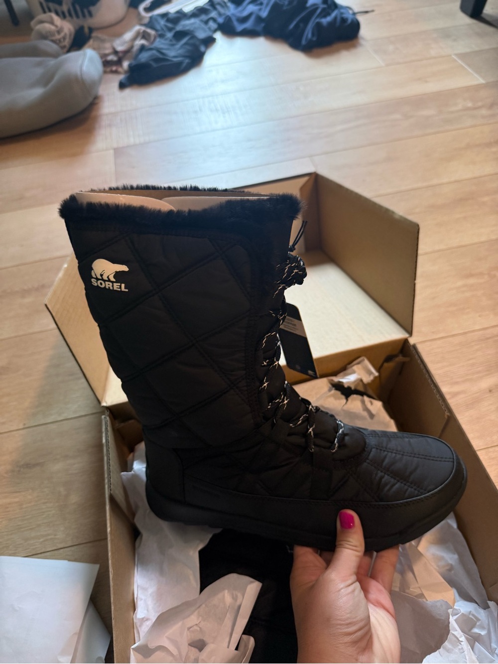Sorel Black Quilted Faux-Fur Trim Lace-Up Winter Boot